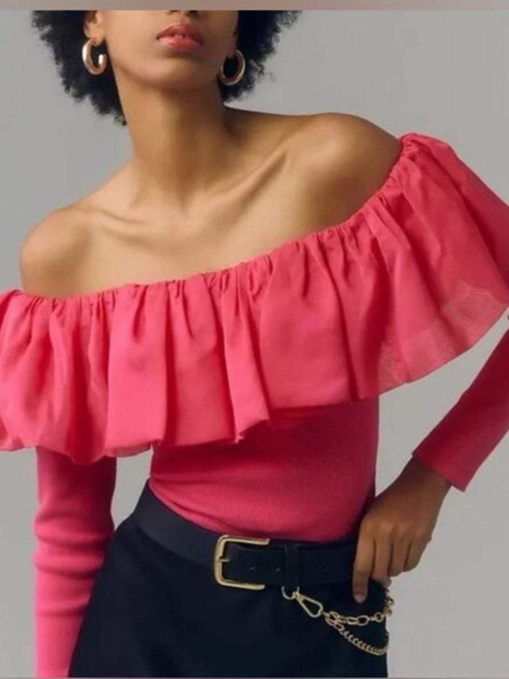 Anthropologie Off-Shoulder Ruffled Long-Sleeve Top — Bright Pink